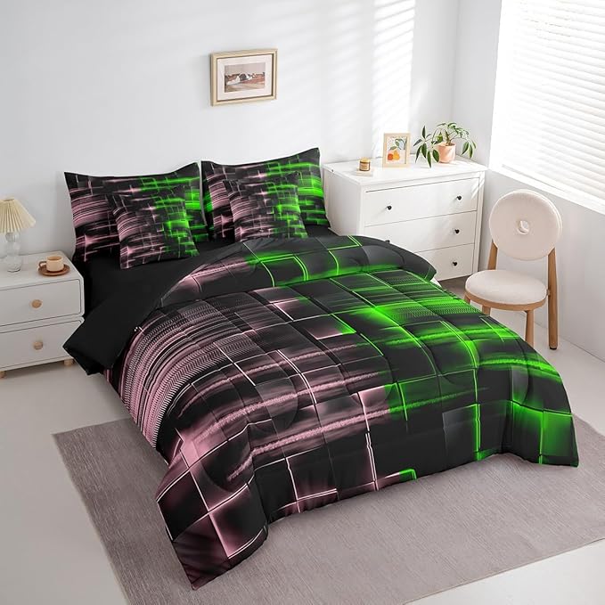 Feelyou Green and Pink Comforter Set with Sheets 7 Piece Queen Size Kids Geometric Bed in a Bag Strip Lines Bedding Set Abstract Art Bed Set with Comforter, Sheets,Pillowcases,Cushion Covers