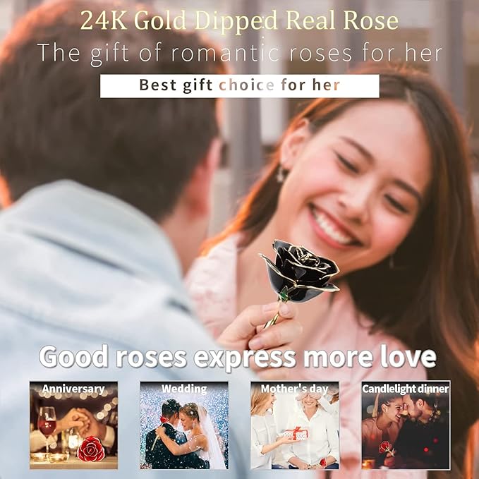 Gold Real Rose, Gold Dipped Rose Made from Real Rose Best Gifts for her and Great Gifts for Girlfriend, Black with Stand