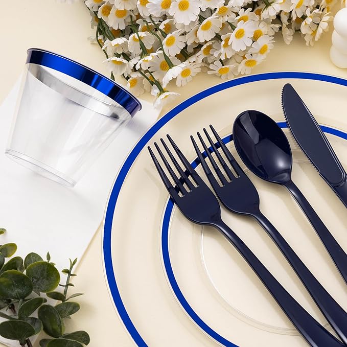 Beststar 350PCS Blue and Clear Plastic Dinnerware Sets for 50 Guests, Include 100 Blue Disposable Plates, 100 Forks, 50 Knives, 50 Spoons, 50 Cups,christmas party supplies