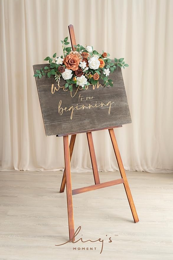 Ling's moment 2pcs Fall Wedding Artificial Floral Swag Welcome Sign Flowers Backdrop Garland Terracotta Orange Ceremony Reception Wall Home Decorations Entryway Faux Outdoor Board Head Table Decor