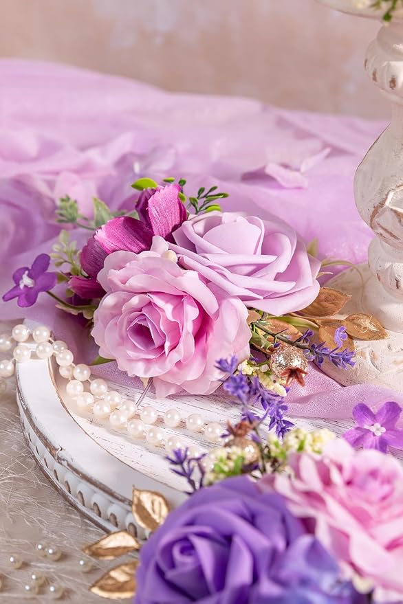 TINGE TIME 3Pcs Pre-made Cake Toppers, Silk Artificial Flowers Decor, Cake Decorations for Weddings, Birthdays, Party,Baby Shower,Celebration (Purple)