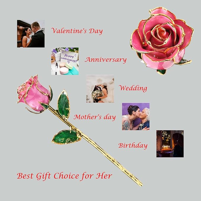 Anniversary Rose Gift for Her, Gold Dipped Rose is Attractive Luster and Natural Shape, Best Gifts for Anniversary Wedding Valentines Day (Pink Original Rose with Stand)