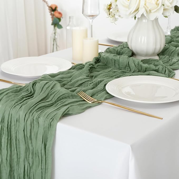 combocube 12 Pack 35x120 Inch 10Ft Cheesecloth Long Table Runner Gauze Rustic Romantic Table Cloth for Wedding Reception Bridal Shower Holiday Birthday Party Table Decorations, Sage Green