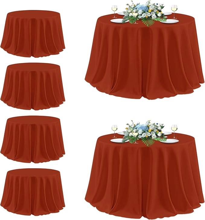 sancua Thanksgiving Round Tablecloth 132 Inch Diameter, 6 Pack Rust Circle Polyester Fabric Fall Table Cloth for Holiday Party Reception, Washable Burnt Orange Table Cover (Fit 54-96 Inch Tables)