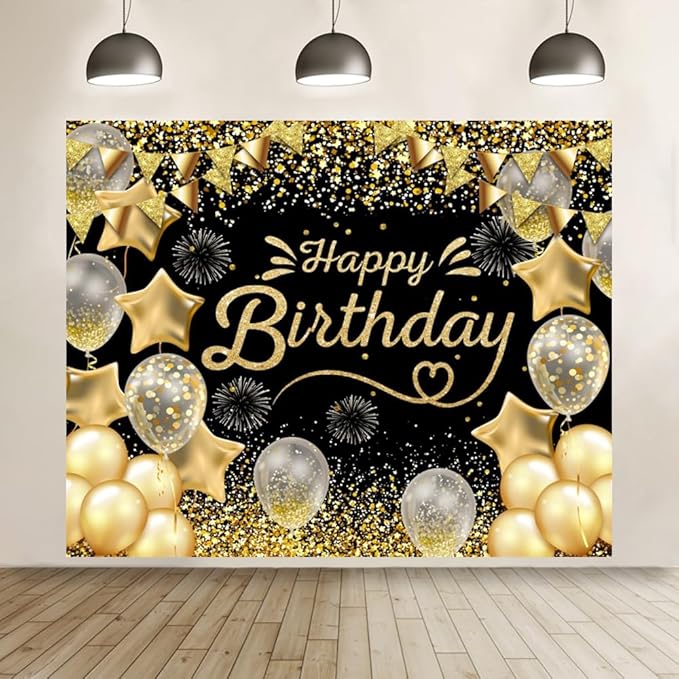 Black Gold Happy Birthday Backdrop 10x8ft for Men Women Boys Girls Birthday Party Banner Decorations with Glitter Star Photo Background Large Wall Decor Props