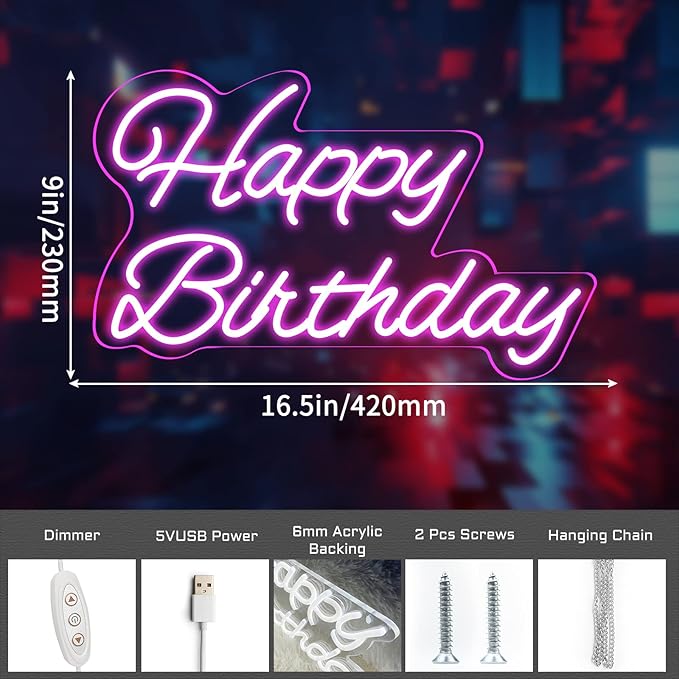 Happy Birthday Neon Sign 16 Inch Reusable LED Light Up with Dimmable ON/OFF Switch for Party Backdrop Decoration and Wall Decor Gifts,Pink(Z-HB01-Pink-16)