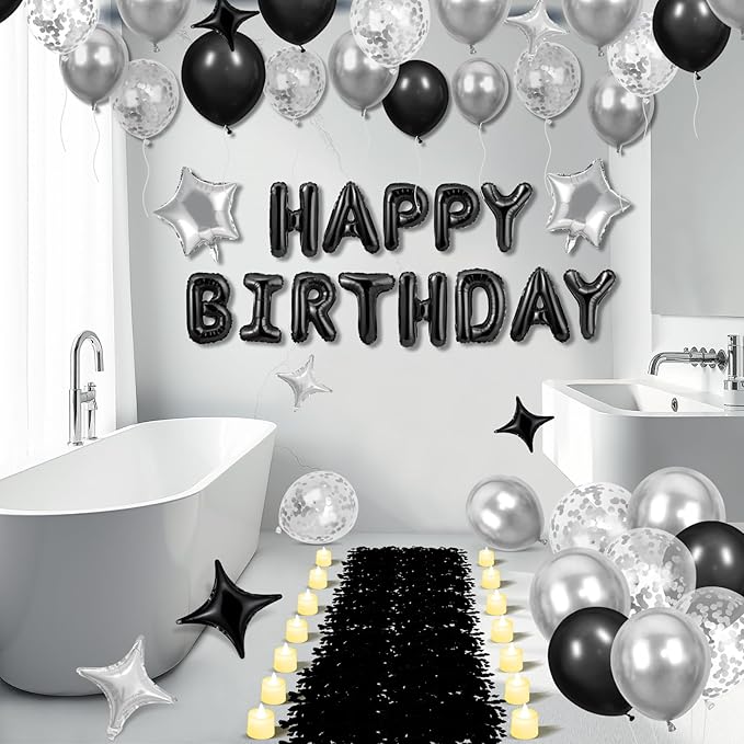 Black Happy Birthday Balloons Decorations Silver and Black Birthday Balloon Letters Banner with 6 Pcs Star Balloons Black Artificial Rose Petals 24 Flameless LED Candles for Room Birthday Party Decor