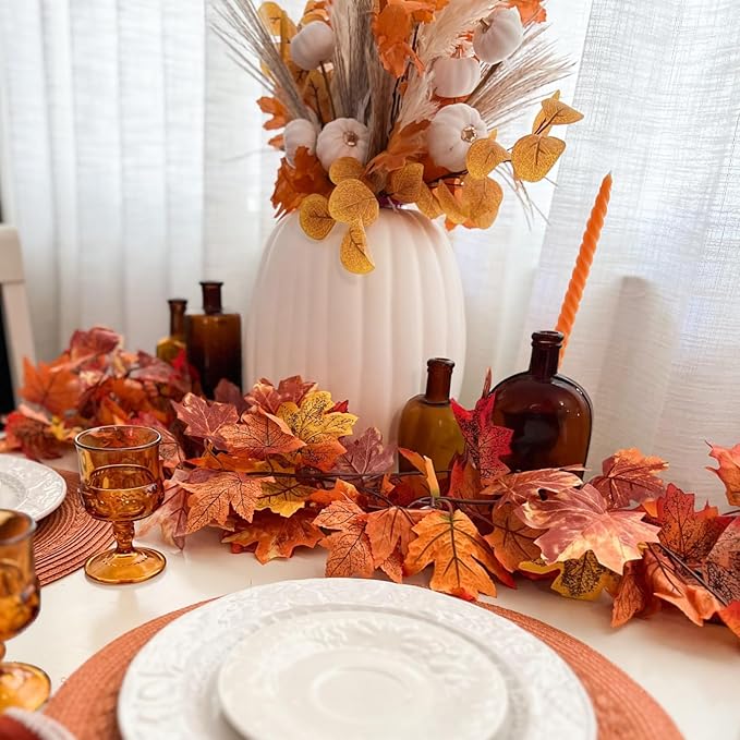 CQURE 7 Pack Fall Leaf Garland, Total 41.3Ft Artificial Fall Vines Autumn Garland Fall Maple Leaves Thanksgiving Decor for Home Wedding Fireplace Christmas
