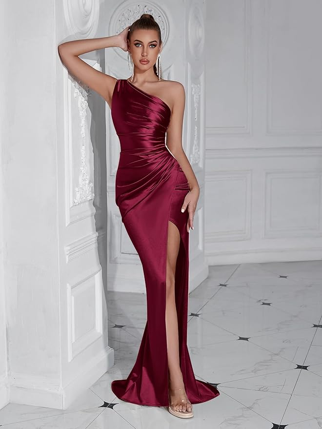 Formal Dresses for Women Cocktail Wedding Guest Satin One Shoulder Maxi Party Prom Sexy Corset Bodycon Evening Gowns