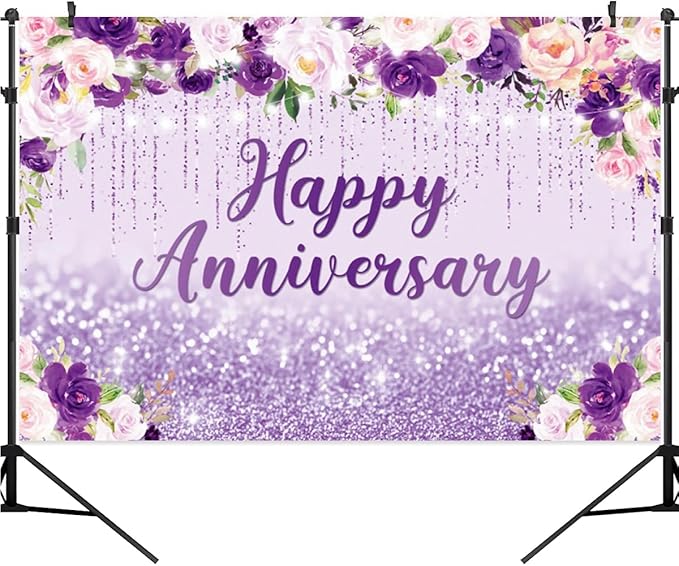 10x6.5ft Happy Anniversary Backdrop, Floral Glitter Backdrop for Women Wedding Anniversary Decoration Violet and Pink Flowers Photography Background Cake Table Banner Party Decor