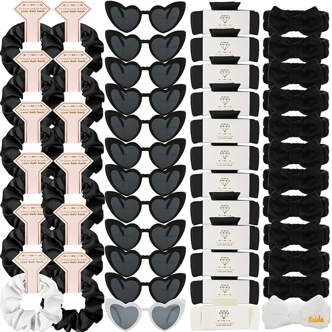 Bridesmaid Scrunchies Proposal Hair claws clips Set of 12 Bridal Shower heart sunglasses Gifts for Wedding Bachelorette Party Favors (48pcs White&Black)