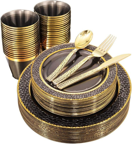 Nervure 150PCS Clear Black Plastic Plates - Gold Party Plates - Black and Gold Dinnerware Set Include: 50 Plate, 25Cups, 25Forks, 25Knives, 25Spoons for New Year & Party & Halloween