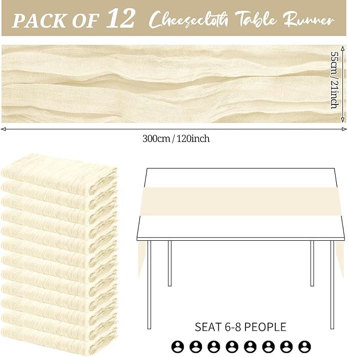 12 Pack Cheesecloth Table Runner 20 x 120 inch Cheese Cloth Table Runner Bulk,Romantic Boho Sheer Gauze Fabric Table Runners for Wedding Reception,Party,Bridal Shower Table Decor(Ivory)