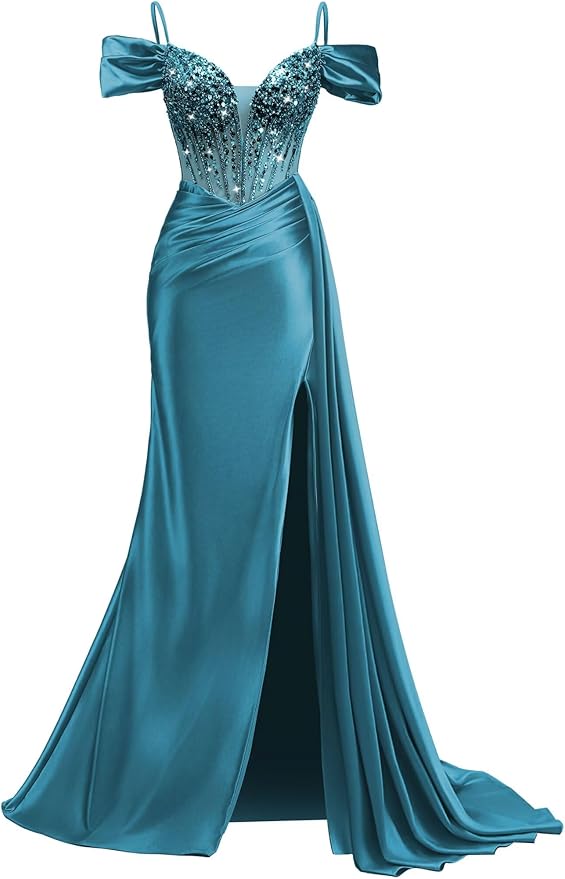 Rjer Off The Shoulder Satin Prom Dresses Long with Slit Tail 2026 Sequin Beaded Pleated Evening Ball Gown for Women Formal