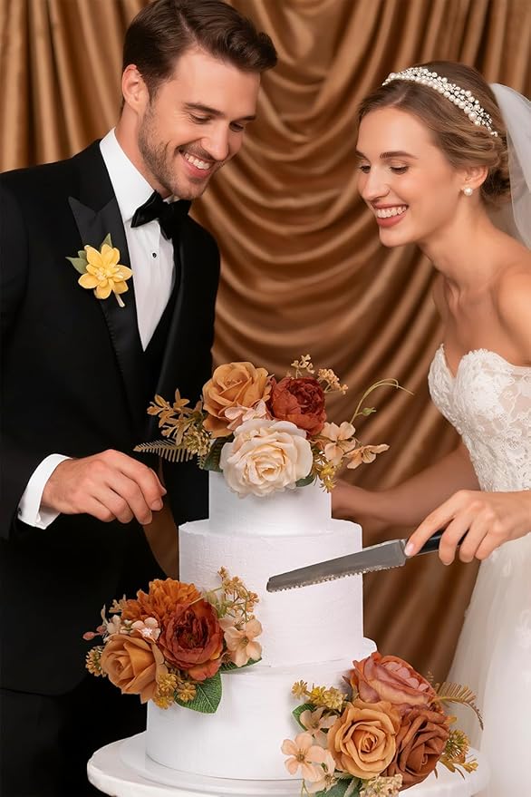 TINGE TIME 3Pcs Pre-made Cake Toppers，Silk Artificial Flowers Decor，Cake Decorations for Weddings, Birthdays, Party,Baby Shower,Celebration (Burnt Orange)
