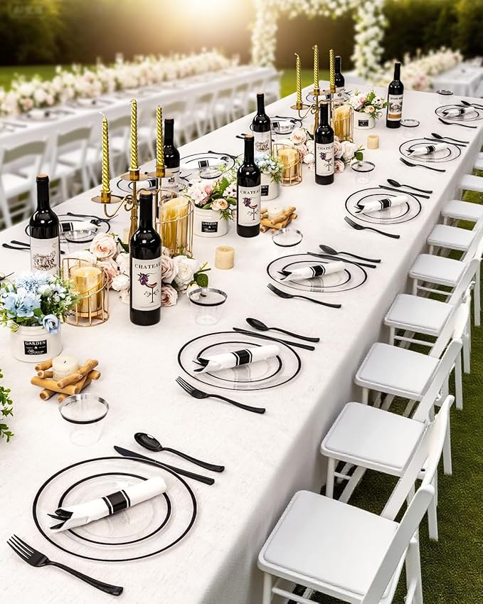 175PCS Plastic Clear Black Plates for Party, Disposable Dinnerware Set for 25 Guests,50 Plastic Plates, 25 Cups, 25 Pre-Rolled Napkins with Cutlery for Party, Christmas, Wedding