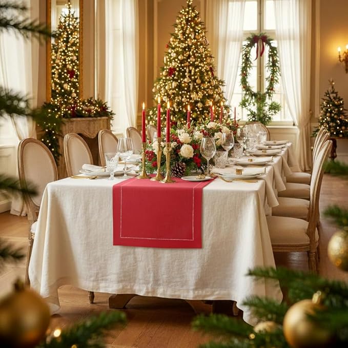 D'Moksha Homes Linen Bright Red Table Runner 84 Inches Long - 100% Pure Linen Table Runner 14 x 84 Inch for Valentines, Spring, Easter - Classic Hemstitch