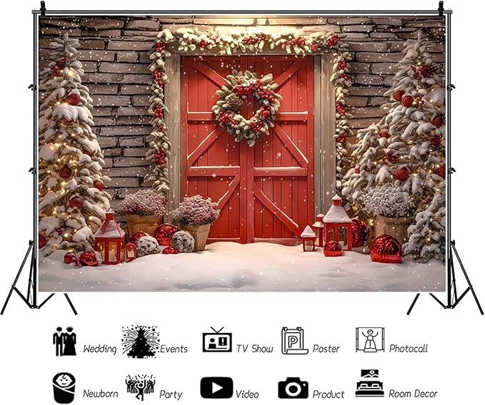 Baocicco 15x10ft Merry Christmas Backdrop Photographers Red and White Barn Door Christmas Trees Snow Background Cloth Happy New Year Party Banner Supplies Winter Family Banner Photo Booth Studio Prop