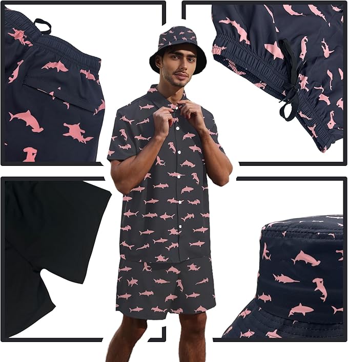 Men's Hawaiian Shirt and Shorts Set 2 Piece Beach Outfits with Bucket Hats for Beach Days and Summer Vibes