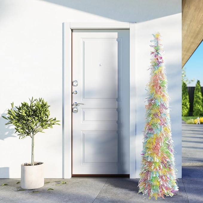 Easter Tinsel Tree, 5FT Artificial Pop Up Pencil Tree Decorations Spring Easter Flower Tabletop Decor for Home Party Birthday Holiday