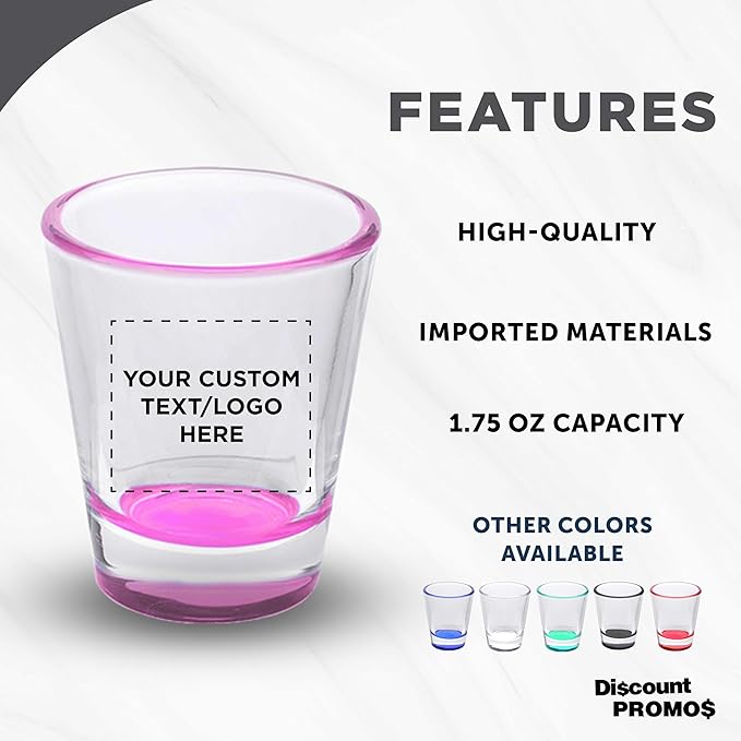 DISCOUNT PROMOS Custom Shot Glasses 1.75 oz. Set of 10/50/100, Personalized Bulk Pack - Great for Wedding Favors, Bachelorette Decorations, Party Favors - Pink Bottom Color