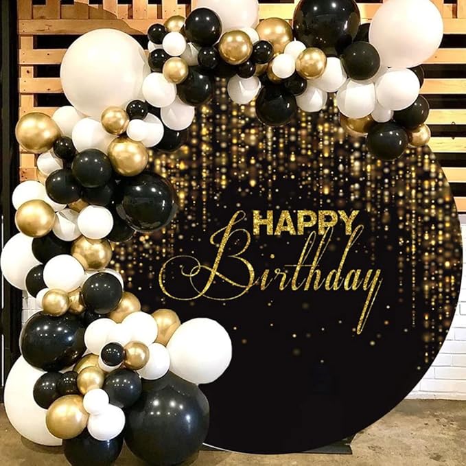 OERJU 7.2x7.2ft Happy Birthday Round Backdrop Cover Black and Gold Glitter Sequins Bokeh Arch Background Stand Cover Circle Backdrop for Photography Kids Adult Birthday Party Decor Photo Booth Props