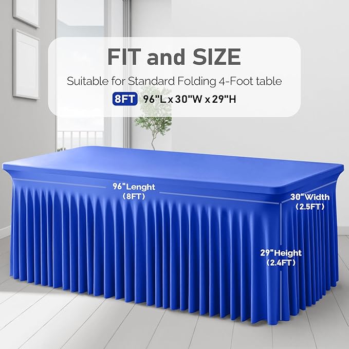 2 Packs Royal Blue Table Clothes for 8 Foot Rectangle Tables, One-Piece Wrinkle Resistant Stretch Spandex Table Covers with Skirt for Event Banquet Wedding Birthday Party