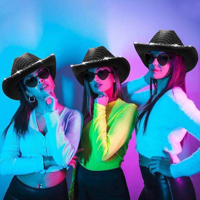 Zhanmai 18 Set LED Cowboy Hat Light Up Glitter Sequin Cowgirl Hat with Sunglasses for Adult Wedding Halloween Costume