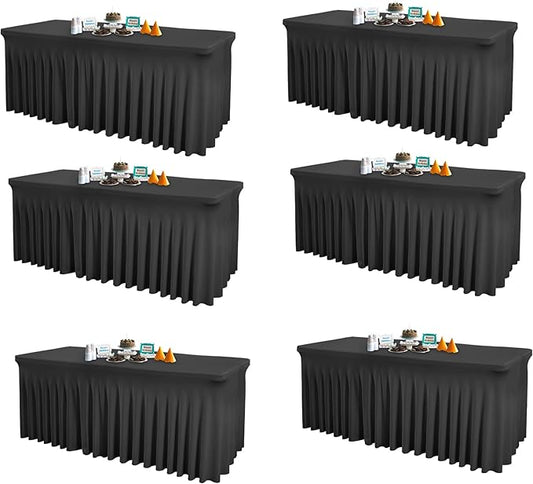 6 Packs Black Table Clothes for 8 Foot Rectangle Tables, One-Piece Wrinkle Resistant Stretch Spandex Table Covers with Skirt for Event Banquet Wedding Birthday Party