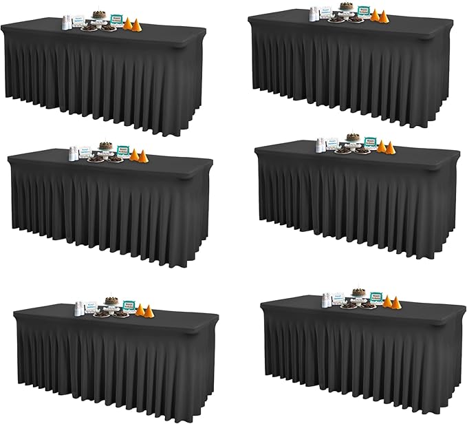 6 Packs Black Table Clothes for 6 Foot Rectangle Tables, Wrinkle Resistant Stretch Spandex Table Covers Fitted Tablecloth with Skirt for Event Banquet Wedding Birthday Party