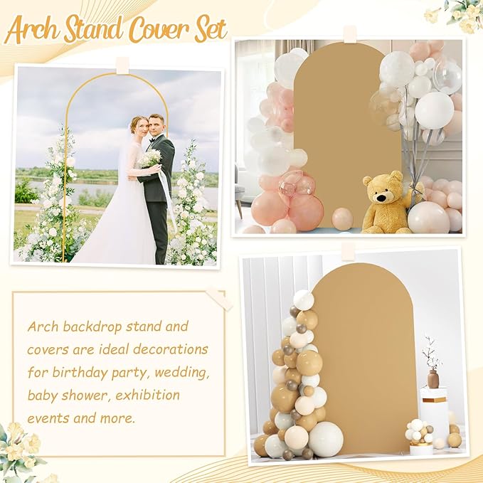 7.2FT Wedding Arch Stand and Khaki Arch Cover Backdrop Fabric Metal Arch Backdrop Stand with Cover Set Spandex Fitted Brown Backdrops Covers for Birthday Party Ceremony Banquet Decorations
