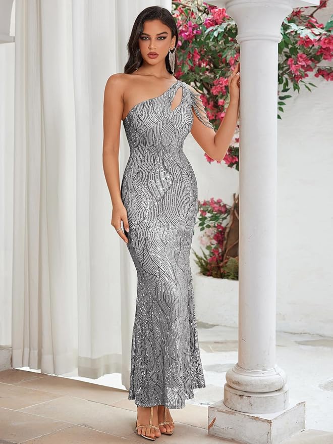 Women One Shoulder 1920s Plus Size Formal Dress Tassels Sleeve Sequins Gatsby Maxi Evening Gown