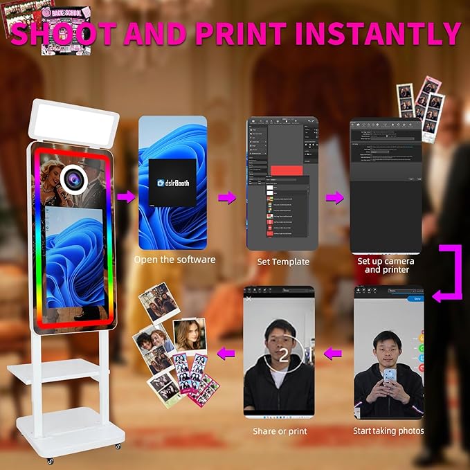 Magic Mirror Photo Booth, 40in Photobooth Machines with 21.5inch Touch Screen with Printer, with Built-in Mini PC, for Weddings, Christmas, Parties (White, with Printer no Camera)