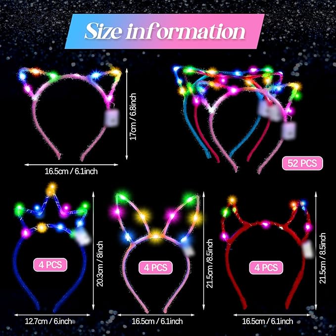 Xinnun 64 Pieces Light up Cat Ears Headband Bunny LED Glow in Dark Cat Animals Ears Hairband Valentine's Day Mardi Gras Carnival Supplies for Adult Birthday Rave Favor