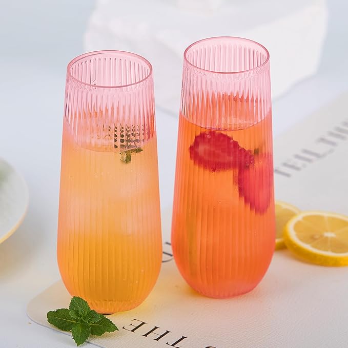48 Pack Plastic Ribbed Champagne Flutes, 9 Oz Stemless Disposable Pink Clear Plastic Toasting Glasses Shatterproof Recyclable and BPA-Free Perfect For Wedding