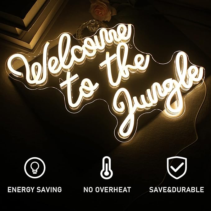 Welcome to the Jungle Neon Sign Warm White Led Word Neon Light Signs for Wall Decor Usb Letter Light Up Sign for Bedroom Nursery Kids Room Garden Home Entryway Front Porch Wedding Birthday