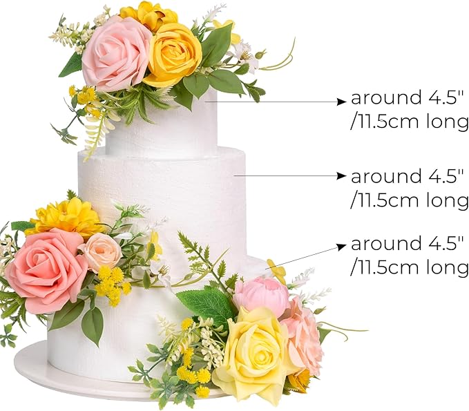 TINGE TIME 3Pcs Pre-made Cake Toppers，Silk Artificial Flowers Decor，Cake Decorations for Weddings, Birthdays, Party,Baby Shower,Celebration (PeachPink&Yellow)