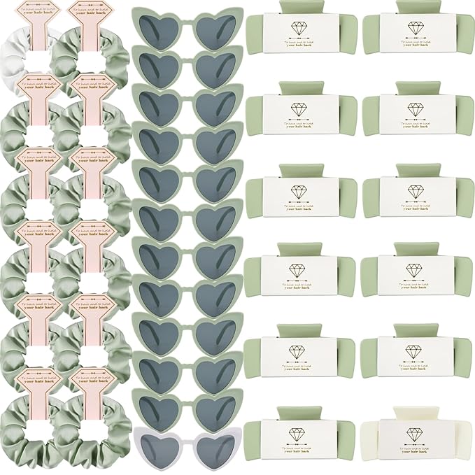Bridesmaid Scrunchies Proposal Hair claws clips Set of 12 Bridal Shower heart sunglasses Gifts for Wedding Bachelorette Party Favors (36pcs White&Sage Green)