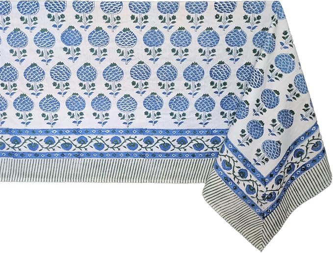 ATOSII Roma Blue 100% Cotton Boho Rectangle Fall Tablecloth, Handblock Floral Print Table Cloth Linen for Kitchen Dining I Parties, Outdoors, Weddings, Christmas, Thanksgiving Decor 60 X 108 Inches