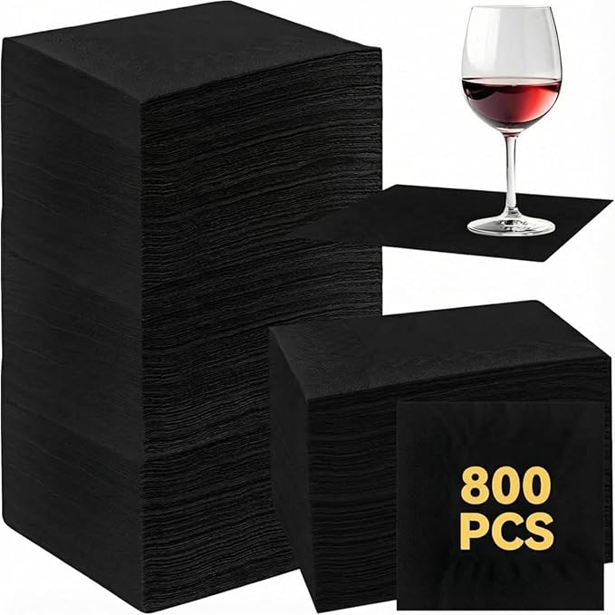 Henoyso 800 Pack 2-Ply Black Cocktail Napkins Bulk 9.8'' x 9.8'' Disposable Dinner Beverage Paper Napkins for Wedding Bar Party Birthday Cocktail Holiday Elegant Restaurant Event