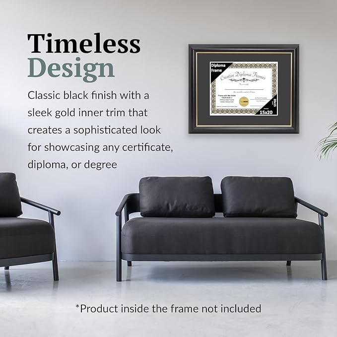 Creative Picture Frames 15" x 20" Rockefeller Black with Gold Rim Diploma Frame, Displays 15" x 20" Certificate or 18" x 22" Document without Mat, College Degree Frame, Full-Strength Glass, Black Mat