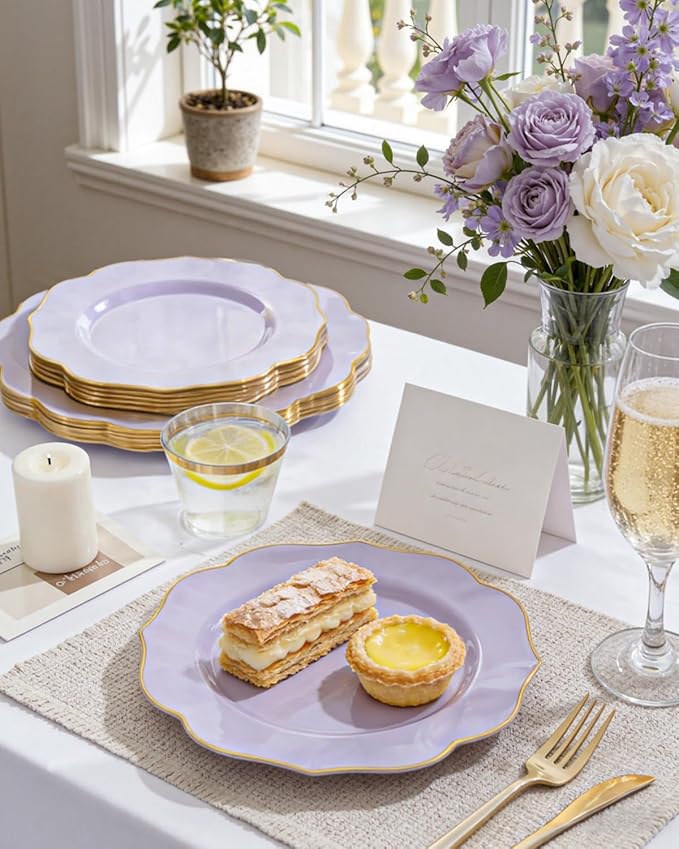 bUCLA 180PCS Purple Plastic Plates - Disposable Purple with Gold Rim, Include 30 Each (Dinner & Salad) Plates, 30 Knives, 30 Forks, 30 Spoons, 30Cups for Party & Birthday