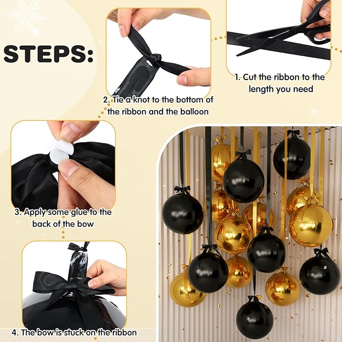 Jenaai 30 Set Round Foil Balloons Bulk 22 Inch 4d Metallic Giant Balloons Set with Satin Bows Ribbon for Ceiling Holiday Ornaments New Year Birthday Wedding Party Decoration(Black Gold)