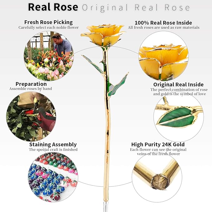 24K Forever Gold Rose, Gold Dipped Rose Made from Real Rose Best Gifts for her and Great Gifts for Her, Yellow with Stand