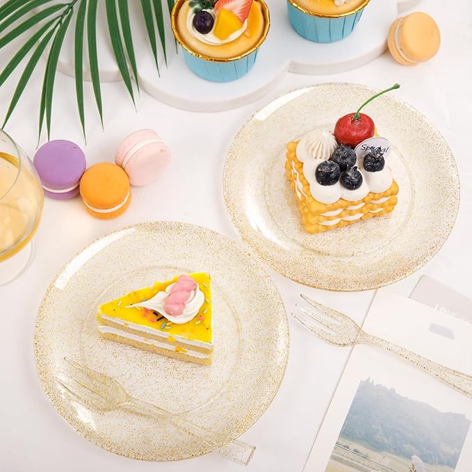 Festiva 200Pcs Gold Glitter Dessert Plates 6.3" with Forks 5"-Small Plastic Dessert/Cake/Appetizer Plates Disposable for 100 Guests Easter Party &Wedding& Birthday&New Year