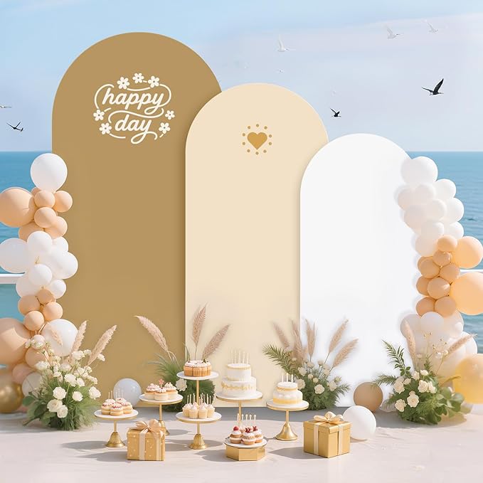 6FT 6.6FT 7.2FT Arch Stand and Cover Set of 3 Brown Arch Backdrop Covers for Balloon Arch Stands Birthday Party Decor Metal Arch Stand with Beige Cover for Wedding Baby Shower Decorations