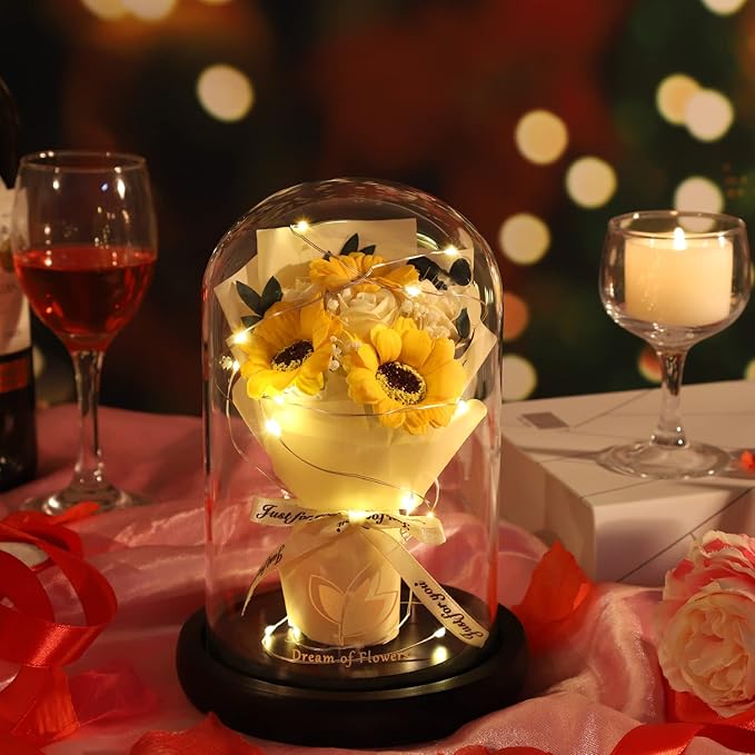 Valentines Day Gifts for Her,Flower Rose in Glass Dome with 2 Lighting Mode,Sunflower Gifts for Mom,Artificial Forever Flowers Xmas Birthday Gifts for Women Mom Wife Girlfriend Sister Friend