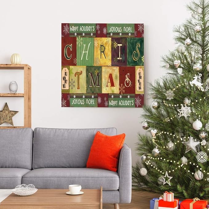 Renditions Gallery Christmas Word Art Wall Art, Cute Winter Decor, Colorful Wrapping Paper Like Designs, Snowflakes, Premium Gallery Wrapped Canvas, Ready to Hang, 40 in H x 40 in W, Made in America