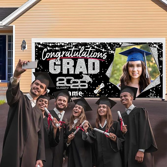 Custom Garaduation Garage Door Banner Cover 16 x 7 ft Class of 2026 Congrats Grad Party Backdrop Personalized Graduation Decoration(Black and Silve)