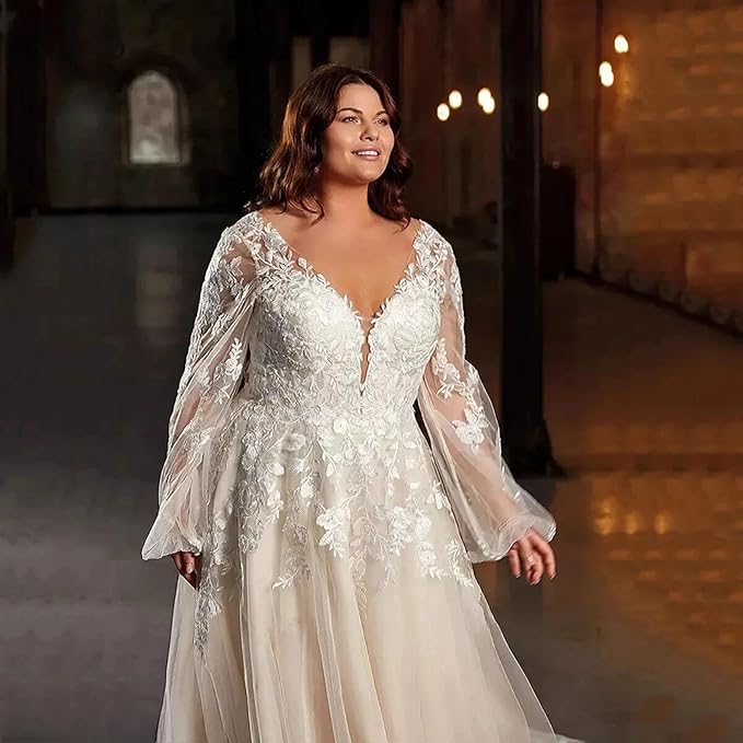 Plus Size Wedding Dresses for Bride Long Sleeve Wedding Bridal Gowns with Lace Appliques Off Shoulder Bride Dress